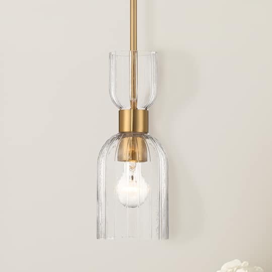 Hello Honey® Josephine Brushed Gold Mid-Century Modern Metal & Clear Ribbed Glass Ceiling Light